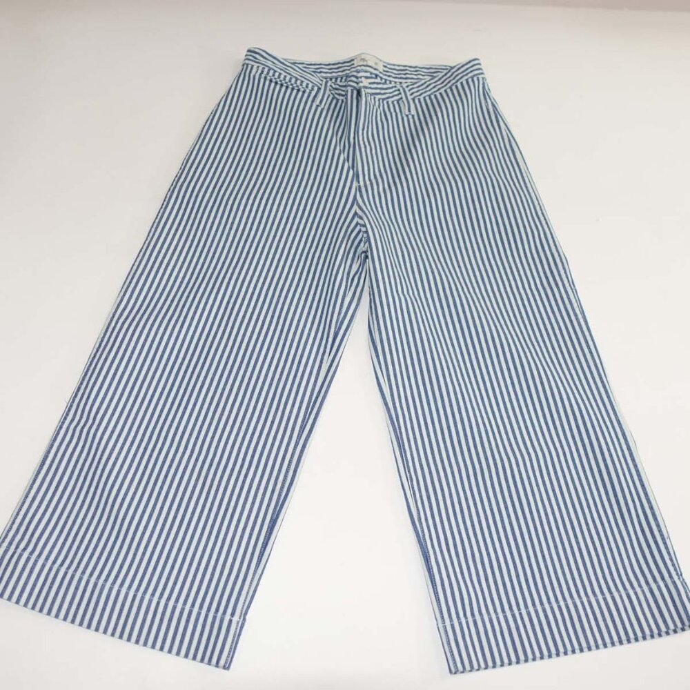 Madewell Blue and White Striped Cropped Wide-Leg Pants